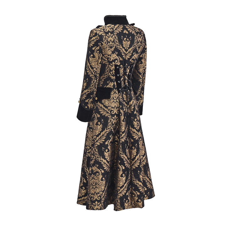 Women’s steampunk tailcoat back view, black with gold baroque print and button accents