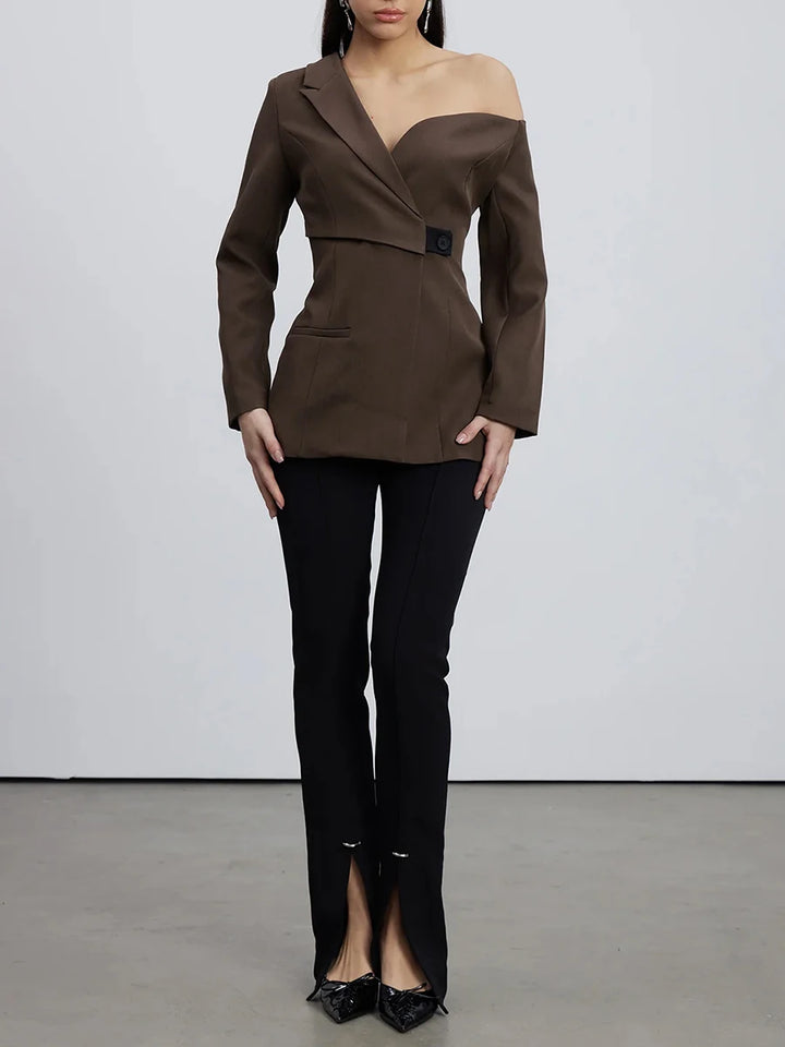 Coffee brown one-shoulder blazer with long sleeves, lapel, and front button closure