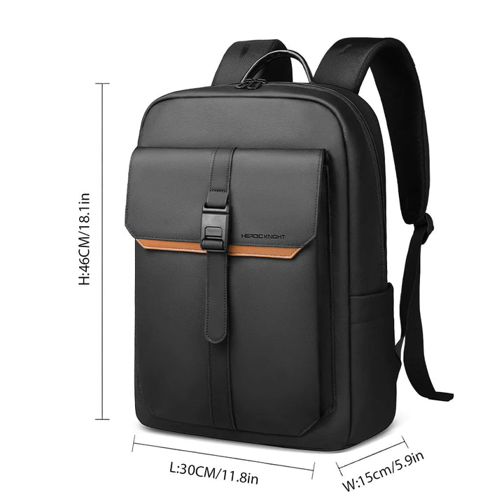 Black waterproof laptop backpack with front flap, orange-trim pocket, and top handle