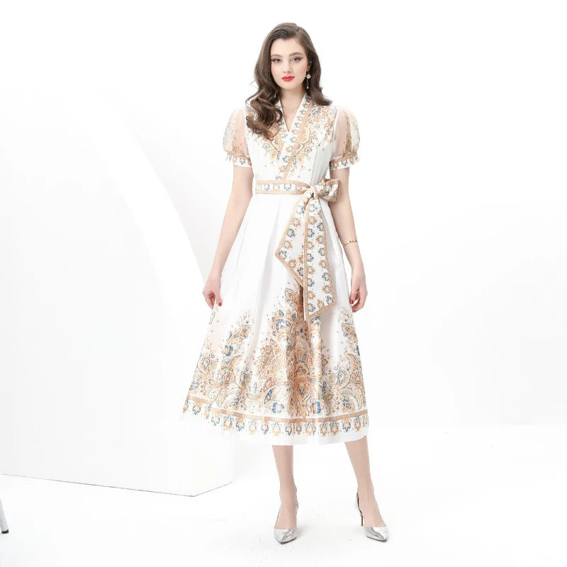 Puff Sleeve Sashes Lace-up Printed Dress