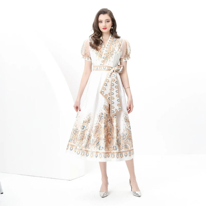 Puff Sleeve Sashes Lace-up Printed Dress