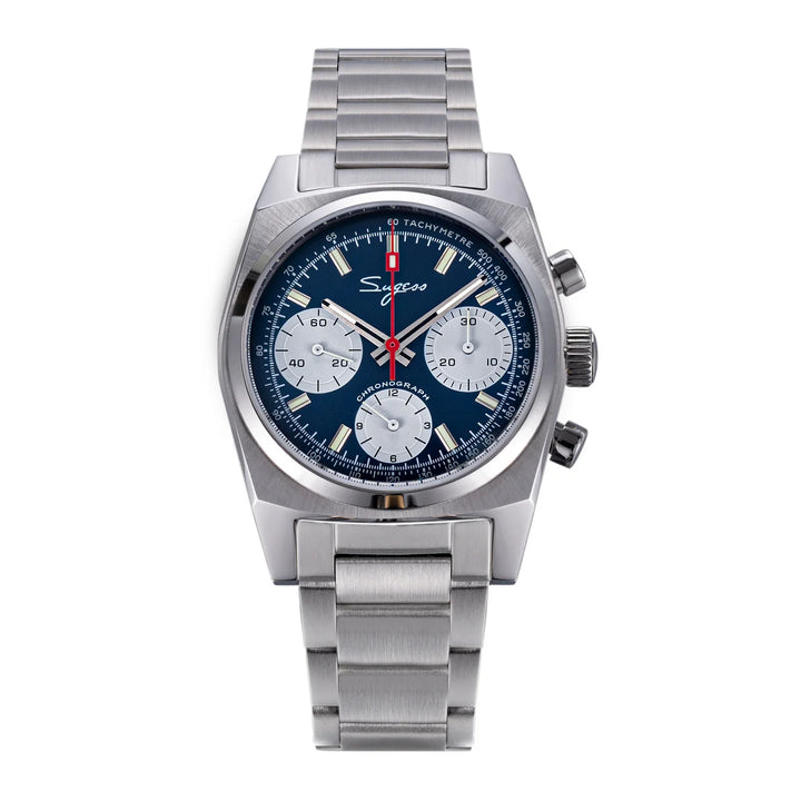 Silver metal chronograph watch with blue dial and three subdials, bracelet band