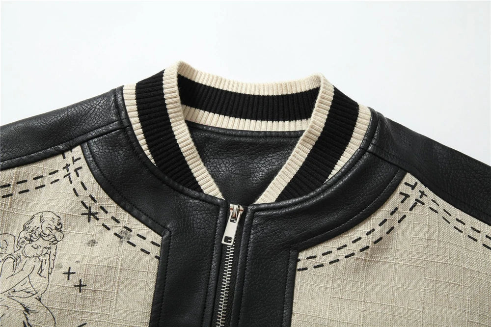 Black leather-look baseball coat with ribbed striped collar and front zipper