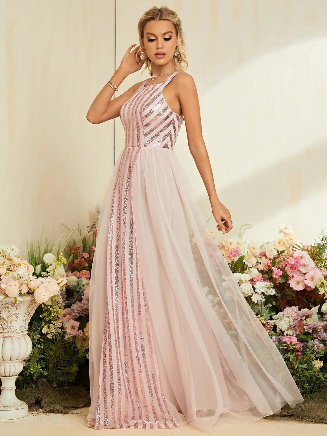 Elegant Striped Sequins Evening Dress