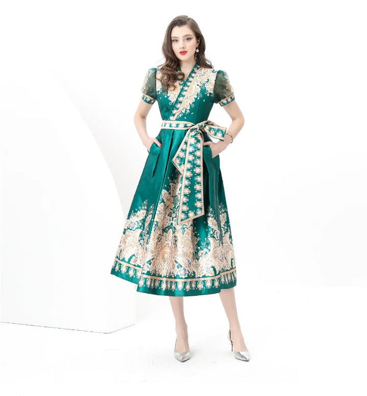 Puff Sleeve Sashes Lace-up Printed Dress