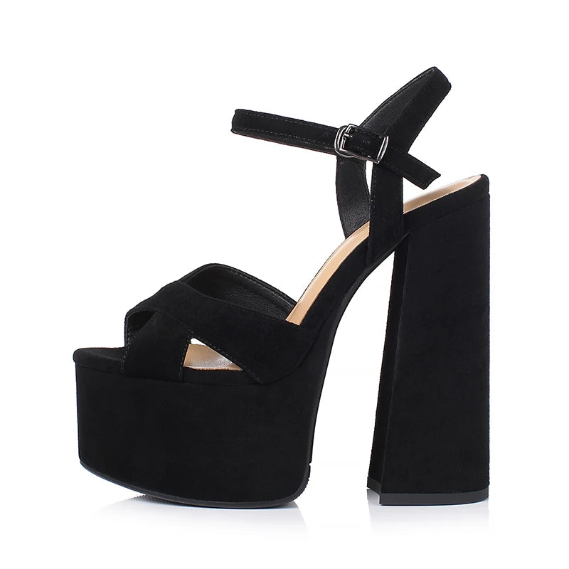 Women’s platform heel sandals with black ankle strap and open toe