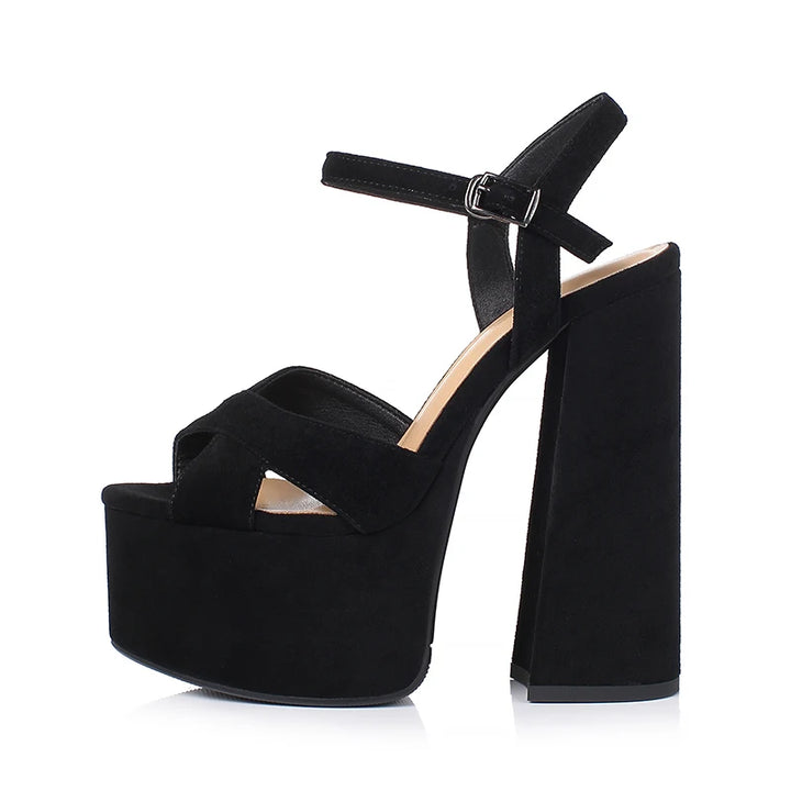 Women’s platform heel sandals with black ankle strap and open toe
