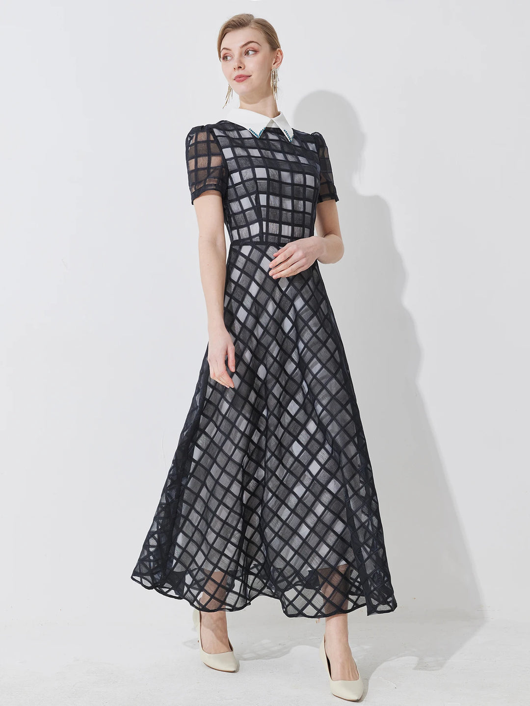 Lovely Checkered net-sheer Fitted Dress