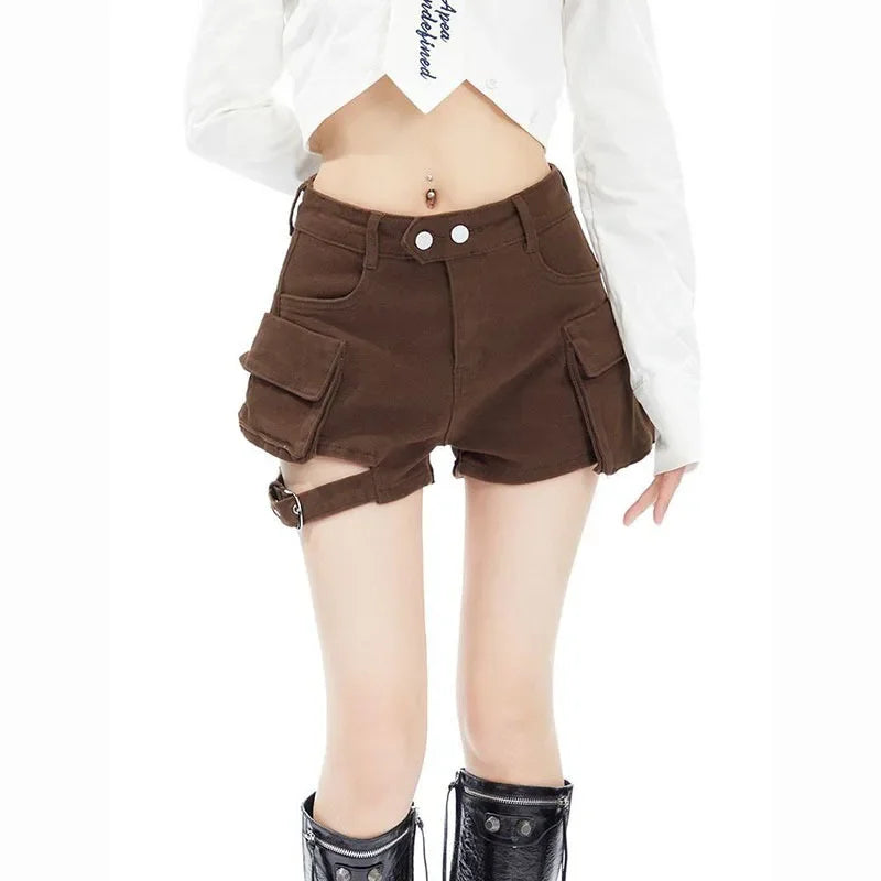 Coffee brown denim cargo shorts with front button closure, belt loops, and flap pockets