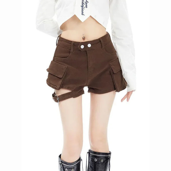 Coffee brown denim cargo shorts with front button closure, belt loops, and flap pockets