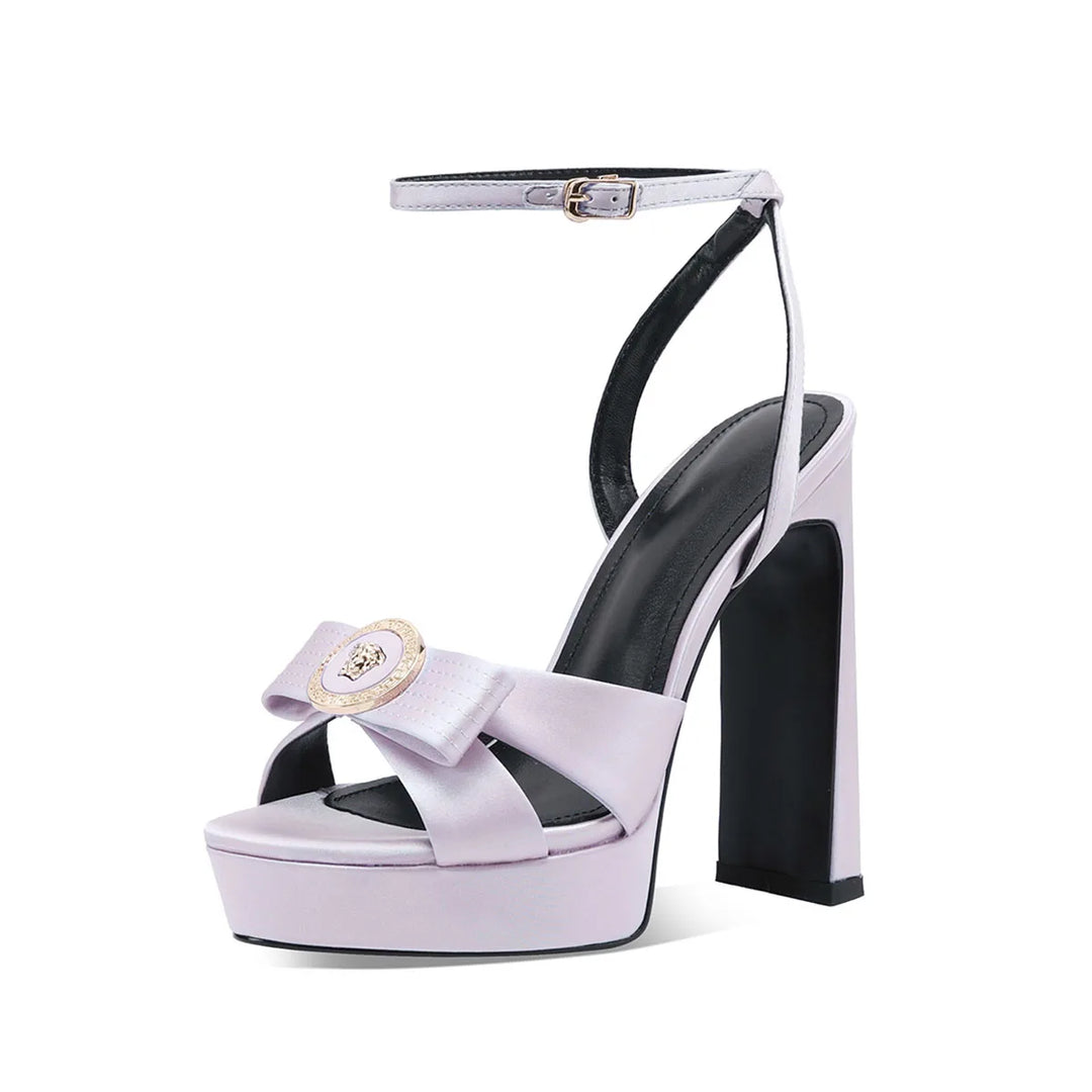Lilac satin platform sandals with round toe, T-strap, ankle buckle, high block heel