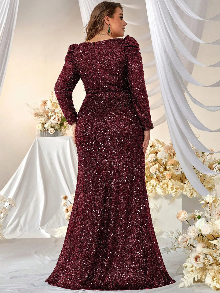 Sequins Square Neck Plus Size Evening Dress