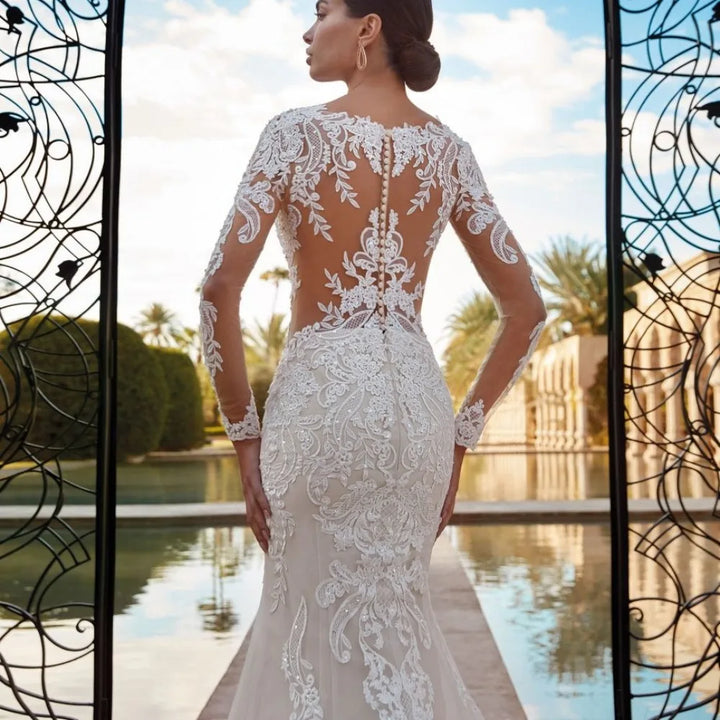 Timeless Appliques Sheer O-neck Bridal Dress