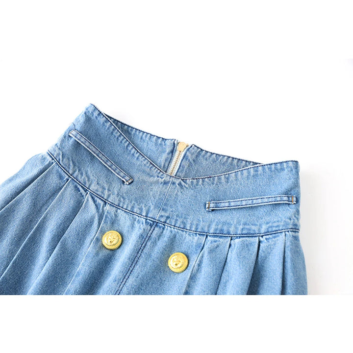 High-Waist Denim Pleated Mini Skirt