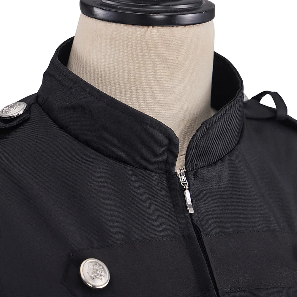Black blazer collar with zip front and silver emblem button on shoulder