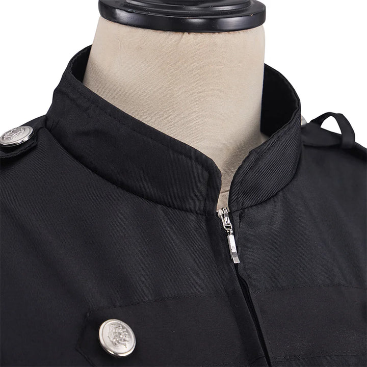 Black blazer collar with zip front and silver emblem button on shoulder