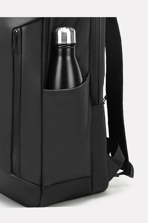 Black backpack side pocket with water bottle sleeve and front zip pocket
