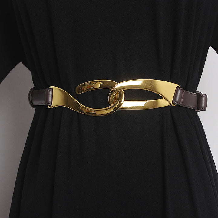 Leather corset waist belt with gold buckle and dark brown leather straps