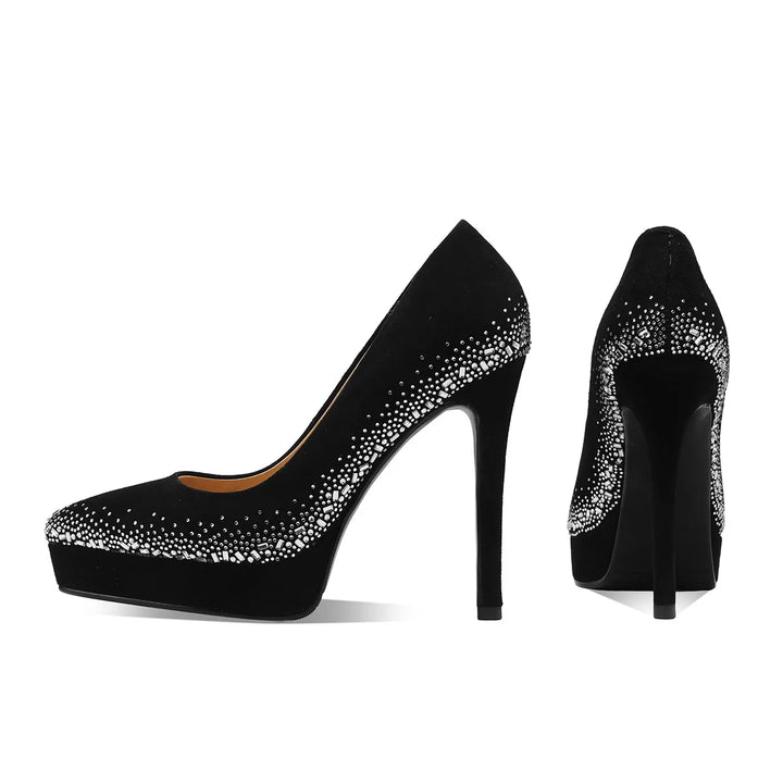 Black suede crystal-embellished platform heel pumps shown front and rear