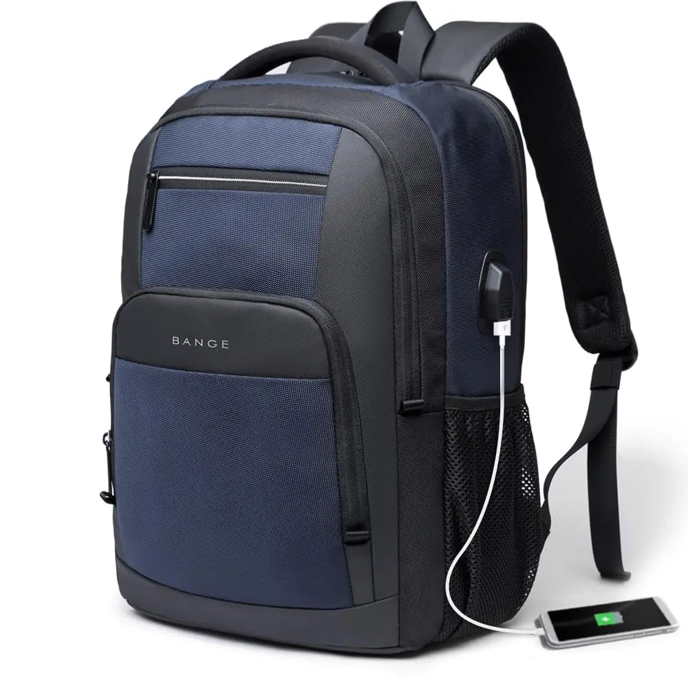 Blue waterproof backpack with front zip pocket, mesh side panel, and USB charging cable