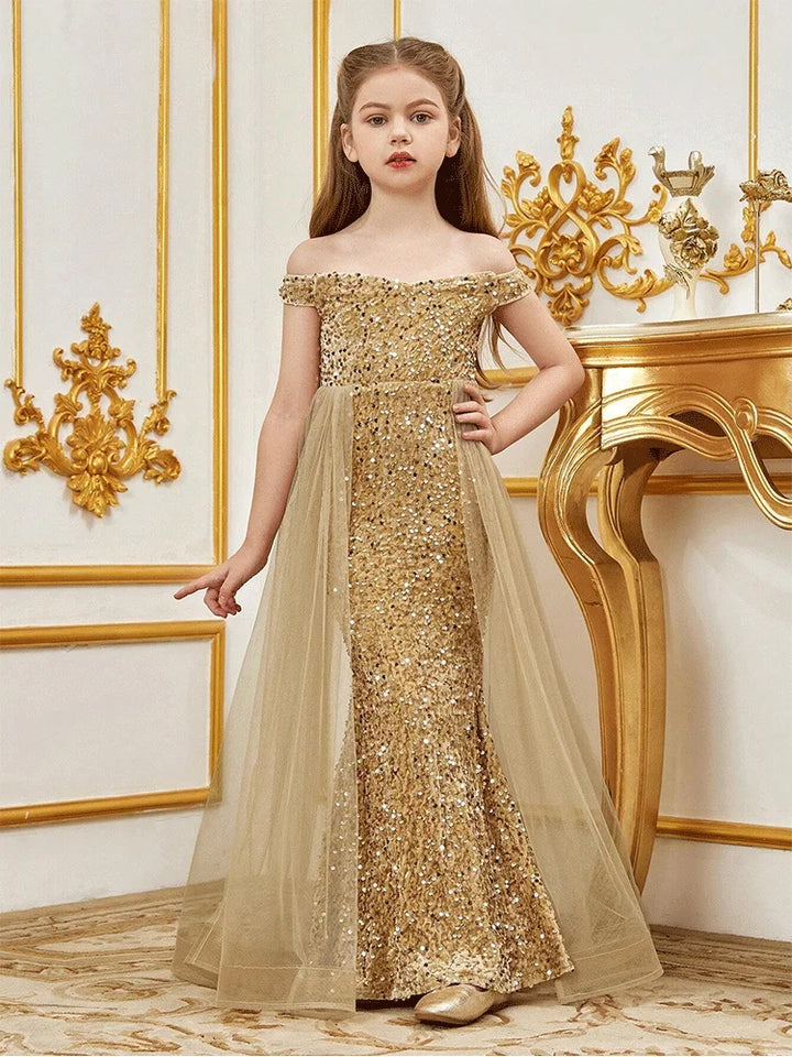 Robe de soirée sans manches en tulle pailleté pour fille