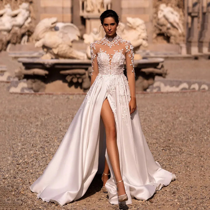 Luxury High-Neck Lace Illusion Bridal Gown