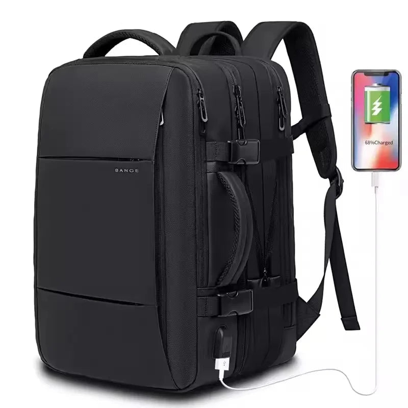 Waterproof travel backpack, black, front zip pockets, side straps and USB charging cable