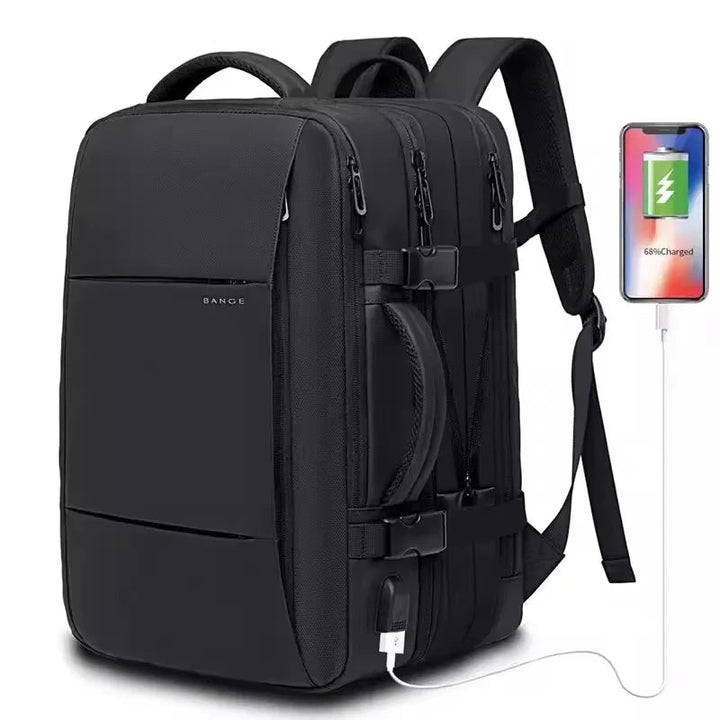 Waterproof travel backpack, black, front zip pockets, side straps and USB charging cable