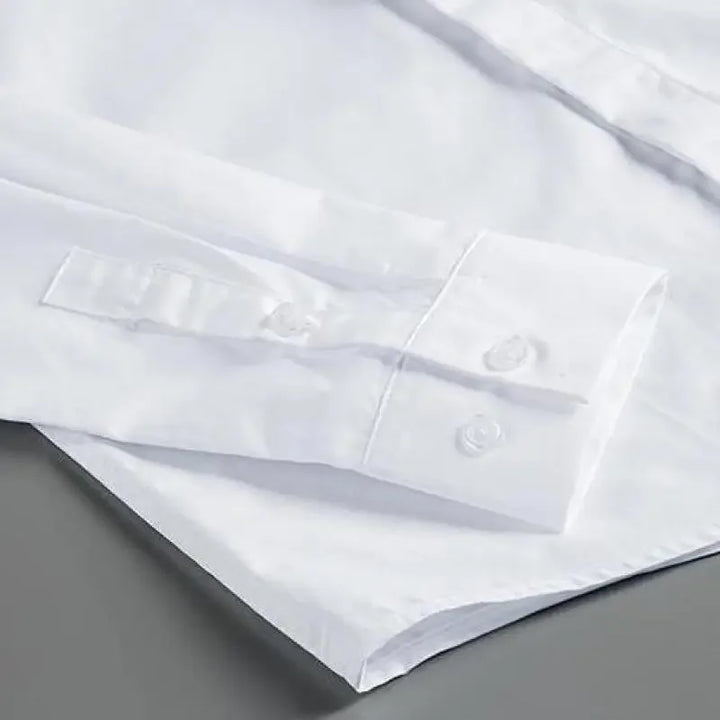 White button-up shirt front placket with small round buttons and folded collar