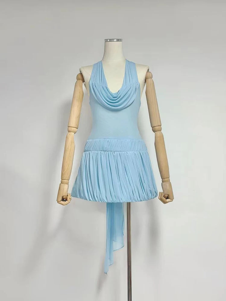 Light blue sleeveless pleated mini dress with cowl neckline and flared skirt