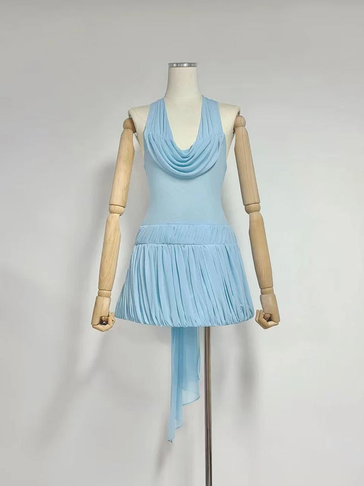 Light blue sleeveless pleated mini dress with cowl neckline and flared skirt