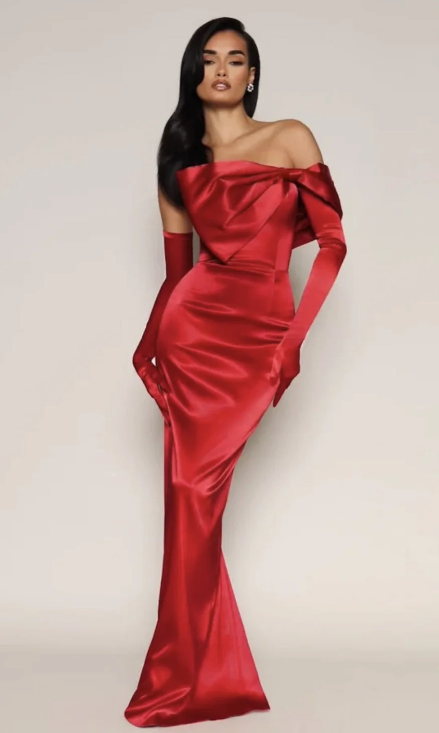Red satin off-shoulder floor-length prom gown with draped neckline
