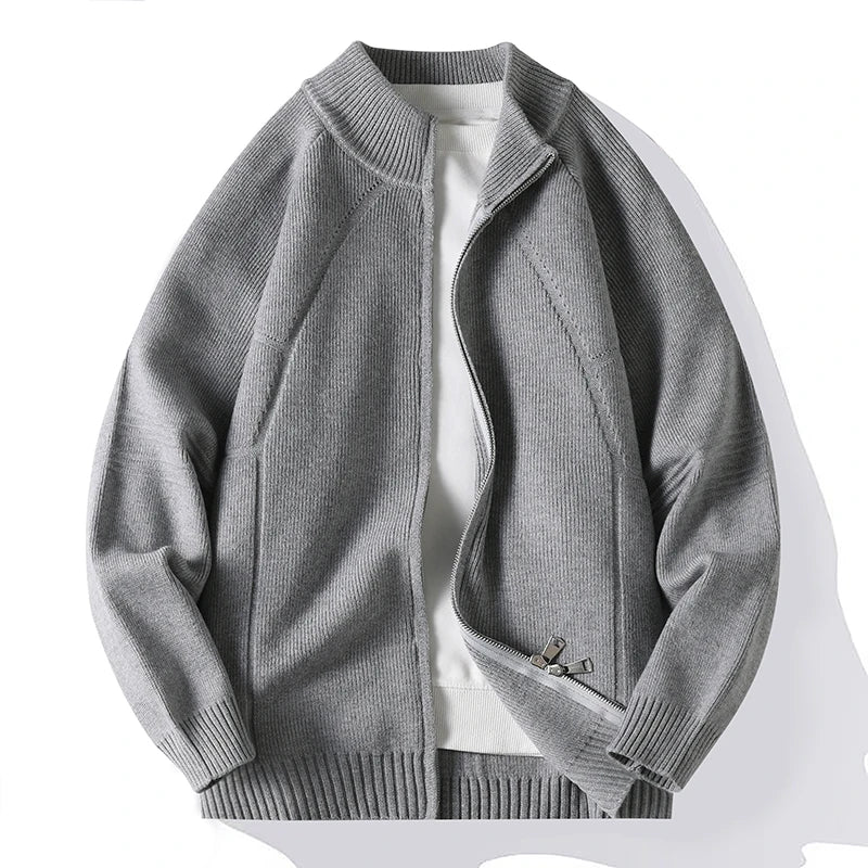 Gray men’s knit cardigan with ribbed collar, full-zip front, long sleeves, and hem cuffs