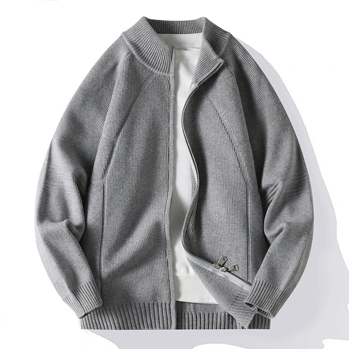 Gray men’s knit cardigan with ribbed collar, full-zip front, long sleeves, and hem cuffs