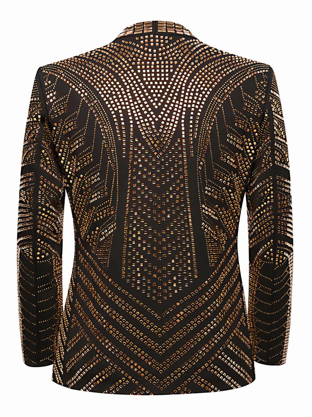 Rhinestone men’s blazer with gold patterns on black, back view