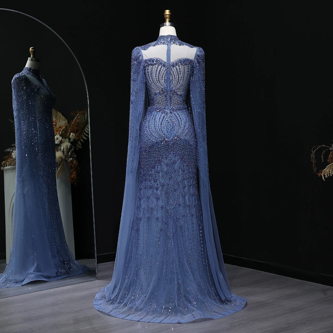 Elegant Beaded Cape Sleeve Arabic Evening Dress