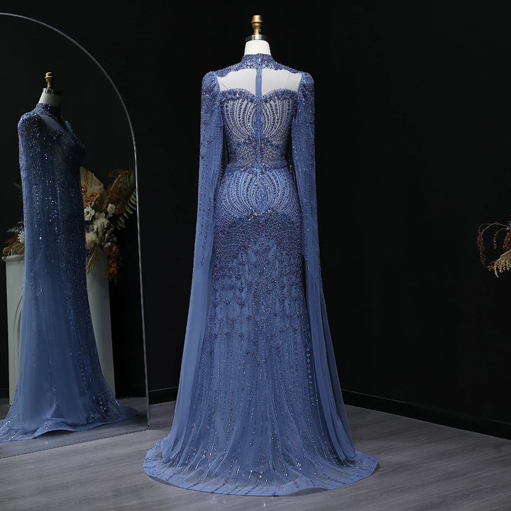Elegant Beaded Cape Sleeve Arabic Evening Dress