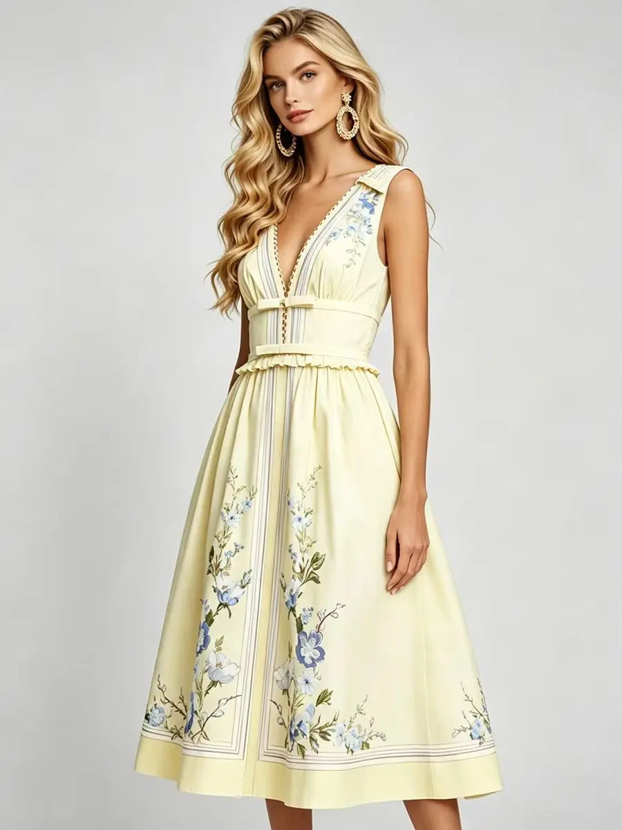 Light yellow floral midi dress, sleeveless V-neck with ruffled trim and gathered waist