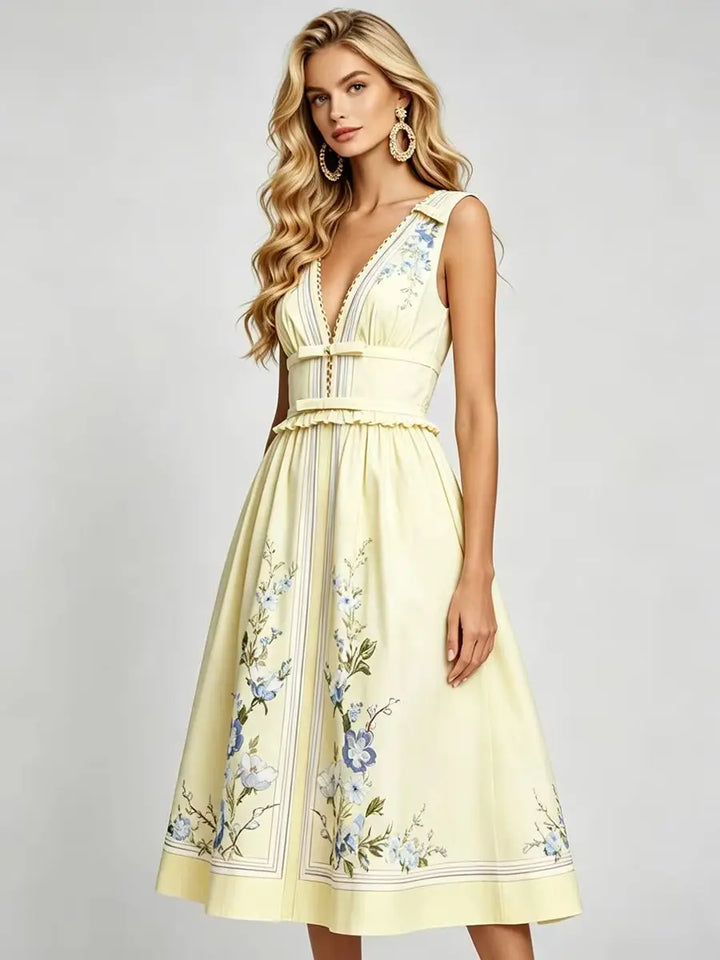 Light yellow floral midi dress, sleeveless V-neck with ruffled trim and gathered waist
