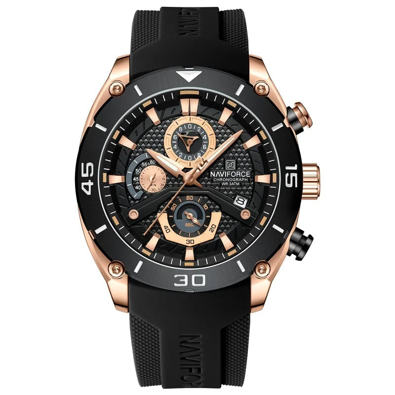 Gold-tone sports watch with black silicone strap and multi-dial chronograph face