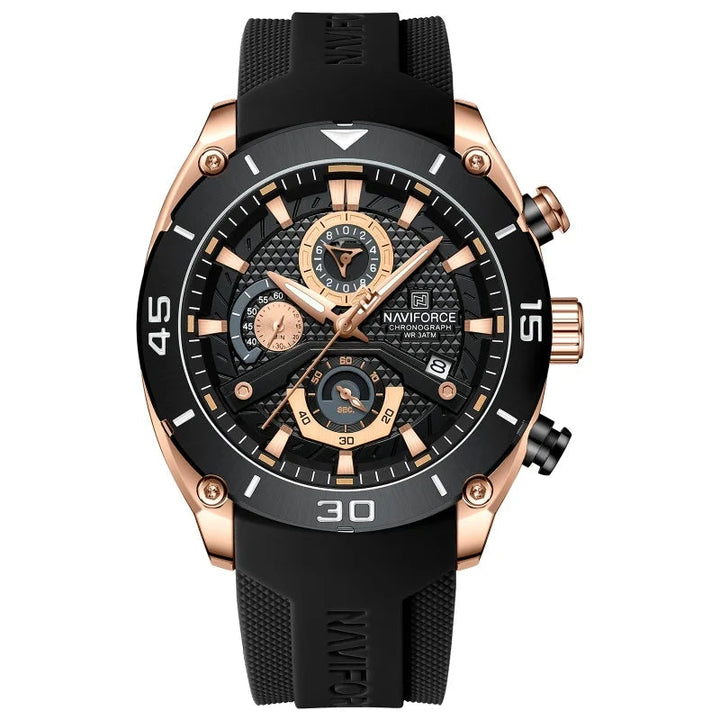 Gold-tone sports watch with black silicone strap and multi-dial chronograph face
