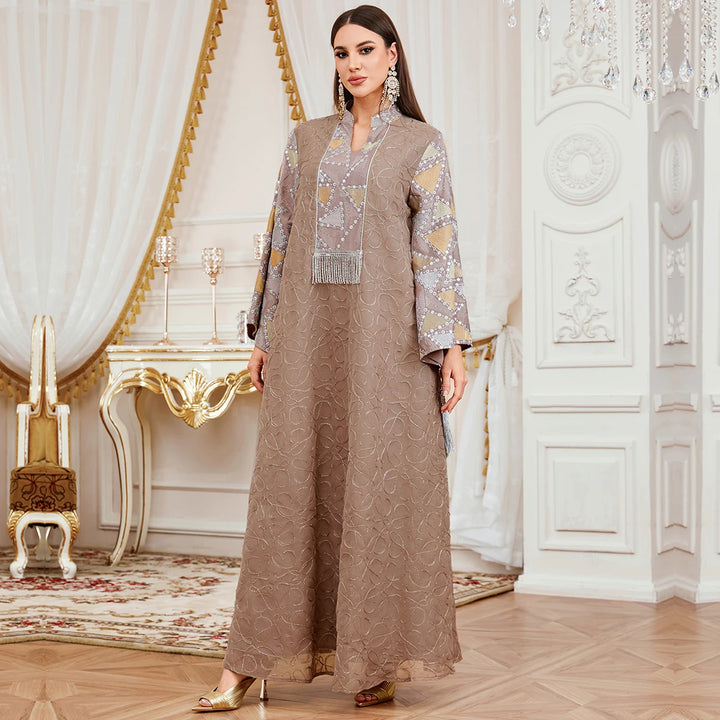 Notched Stand Collar Tassels Abaya Dress