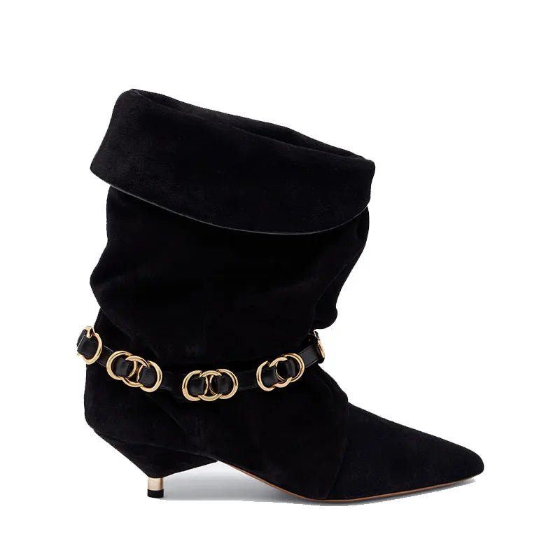 Women’s suede mid-calf heel boots, black side view with gold-tone chain strap