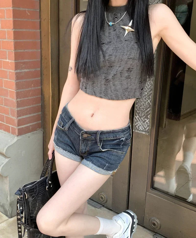 Stylish Curled Hem Mini Denim Shorts