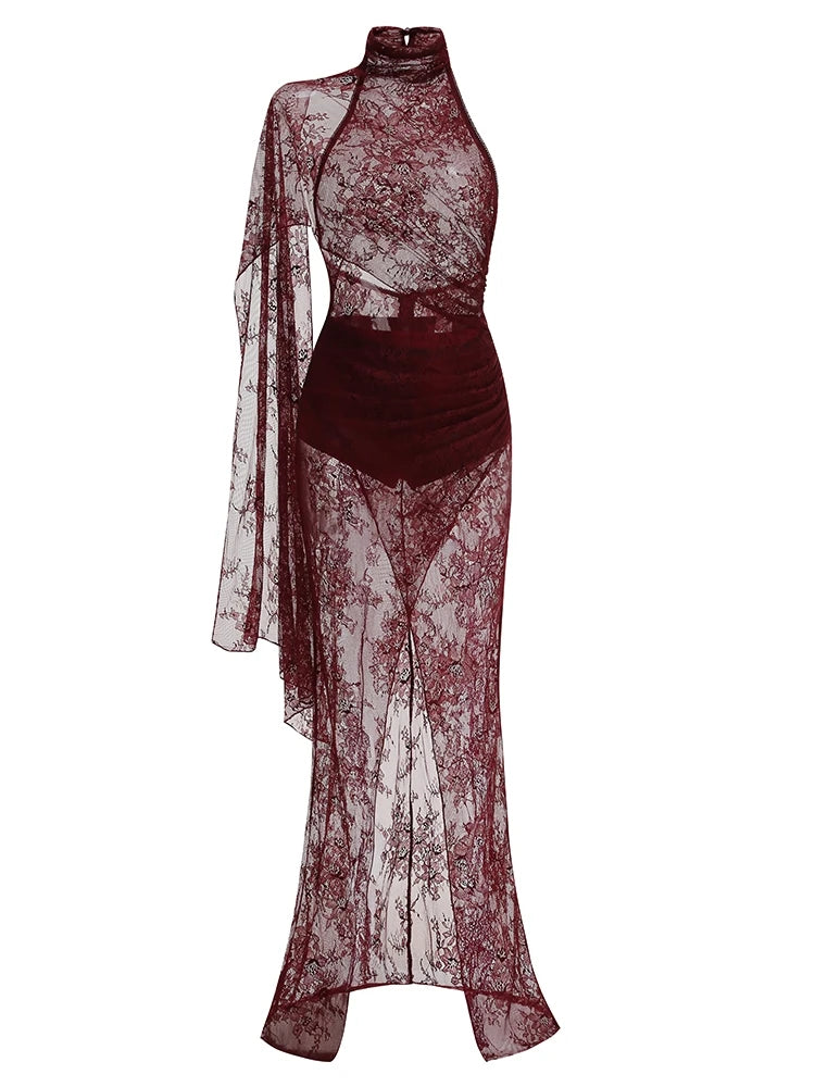 Burgundy red sheer lace maxi gown with high neck, long sleeve overlay, layered bodice