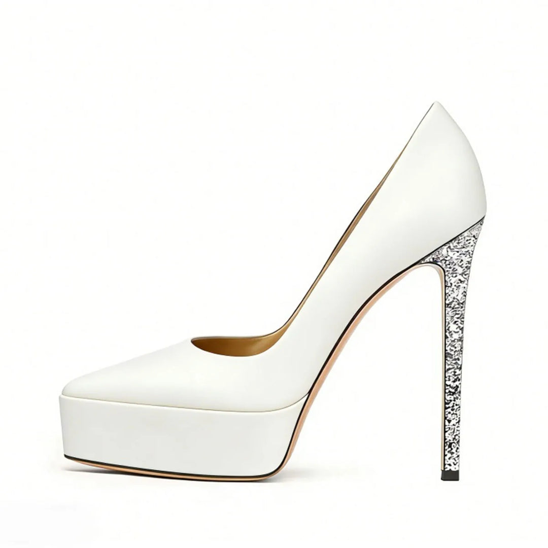 White matte platform stiletto pumps with silver glitter heel, side view