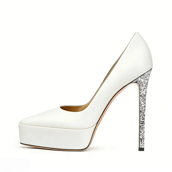 White matte platform stiletto pumps with silver glitter heel, side view