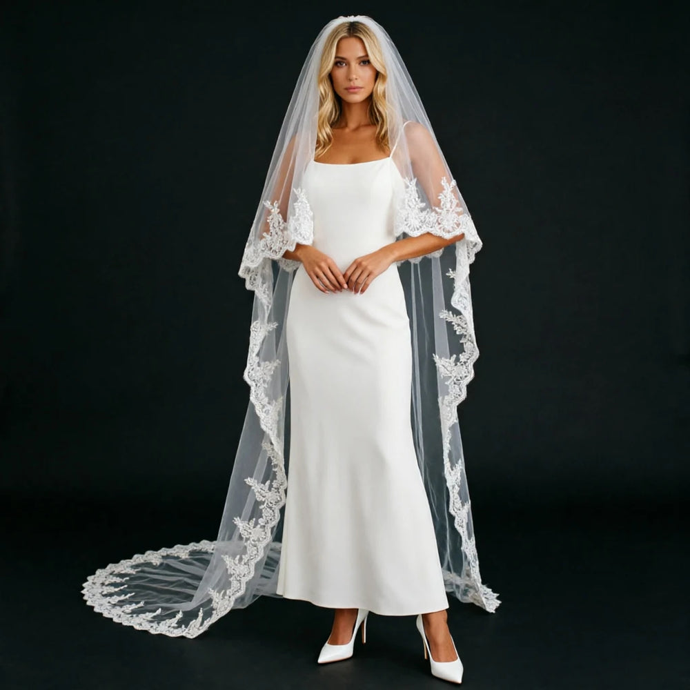 Luminous Lace Edge bridal veil with lace trim and long train