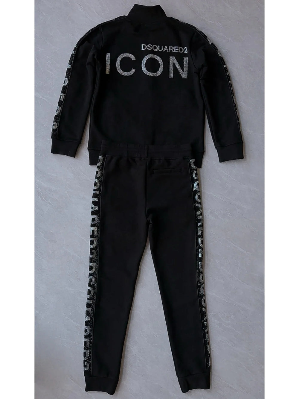 Black DSQUARED2 tracksuit with ICON back print on stand-collar jacket and matching joggers