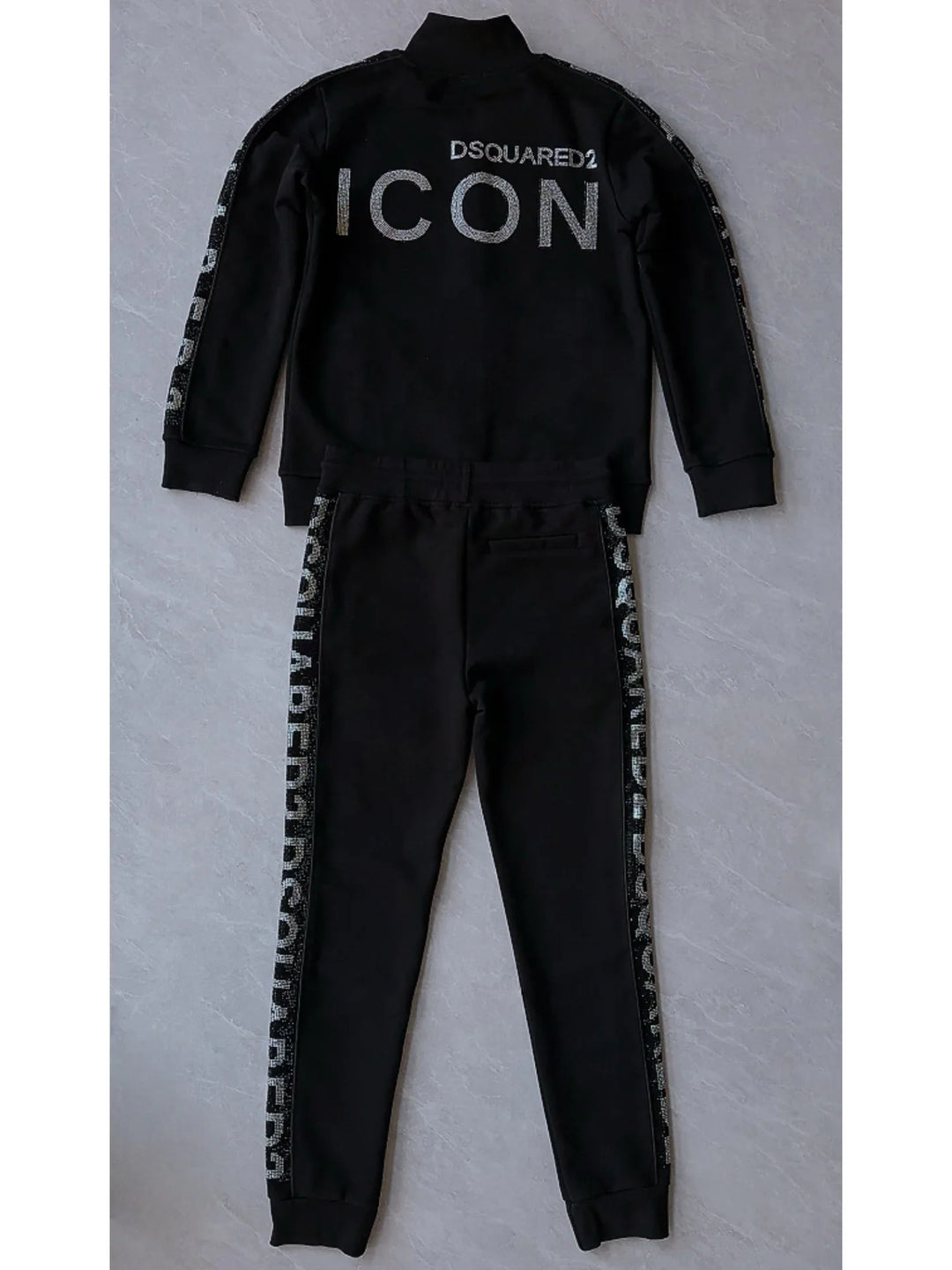 Black DSQUARED2 tracksuit with ICON back print on stand-collar jacket and matching joggers